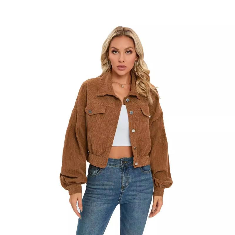 European and American Style Autumn Winter Casual Corduroy Jacket with Lantern Sleeves and Single Breasted Short Coat for Women