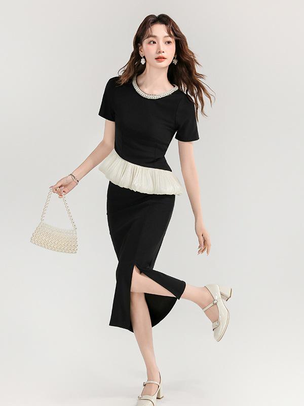 Summer Celebrity Chic Beaded Two-Piece Set with Ruffle Slit Skirt