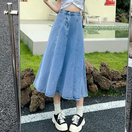 Denim Midi Skirt High Waist Button Zipper Fly A-Line Hem Skirt Solid Color Blue Skirt Office Lady Denim Skirt Daily Wear