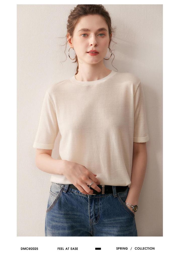 Women's 100% Wool Short Sleeve Round Neck Sweater - Casual, Versatile Solid Color Autumn Pullover