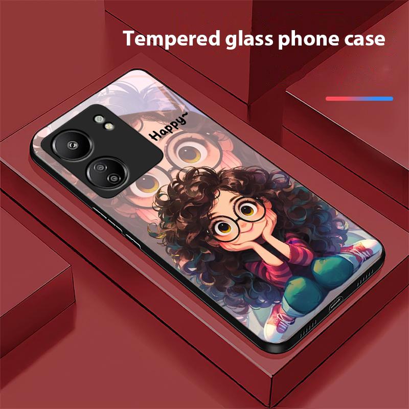 Curly Haired Girl For Xiaomi Redmi 13C Note13 12 Pro Plus 5G Note 9 13T Pro POCO X6 F5 F6 Black Tempered Glass Phone Case