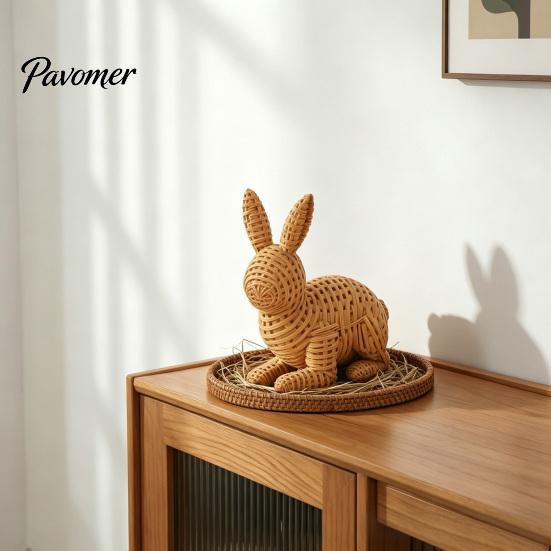 Holiday Gift for Home 3D Printed Wicker‑Look Bunny Figurine, Rattan Texture Rabbit Statue, Easter Decor Weather Resistant Decorative Ornament Indoor
