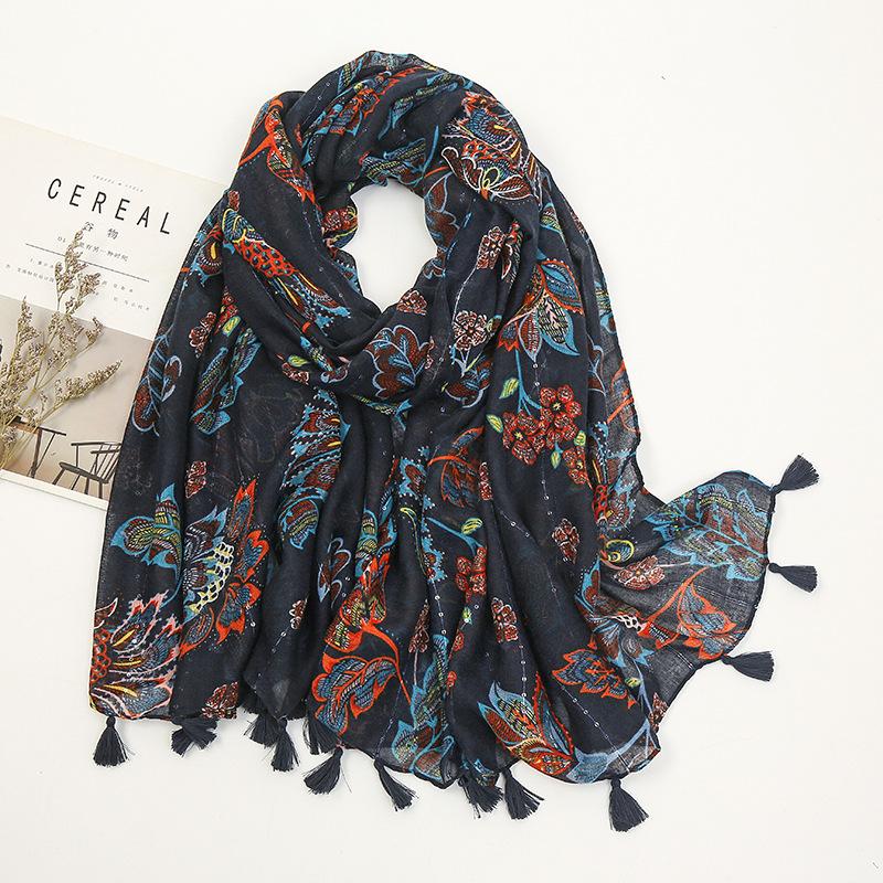 Fashion Luxury Ink Painting Floral Tassel Viscose Shawl Scarf Lady High Quality Wrap Pashmina Stole Bufandas Muslim Hijab