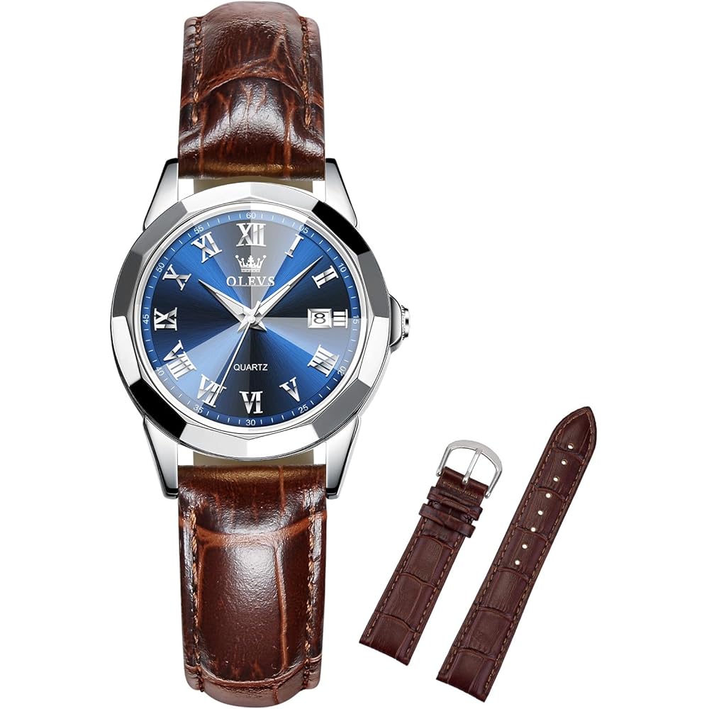 OLEVS Women s Analog Quartz Watch Blue Dial Leather Band 30M Water Resistant Lightweight