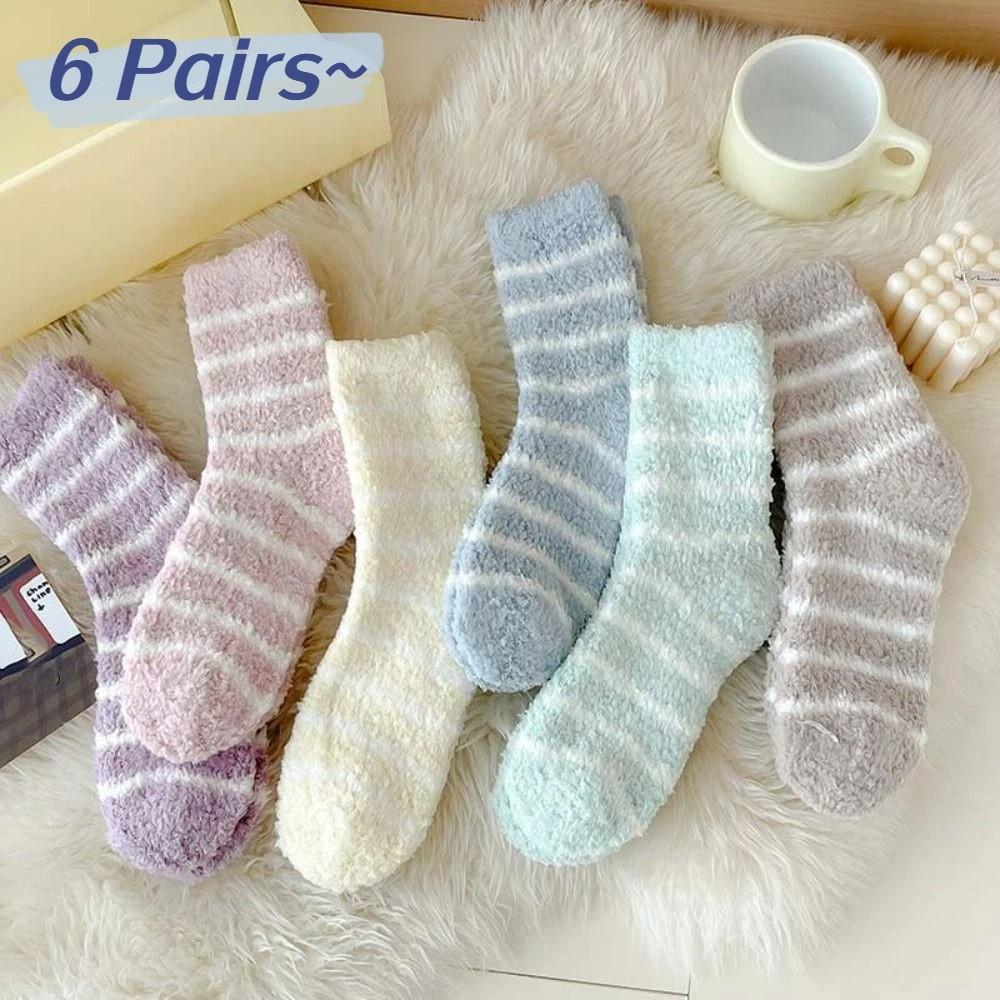 6Pairs Plush Thicken Velvet Socks Patchwork Sleeping Socks Warm Coral Fleece Socks  Girls