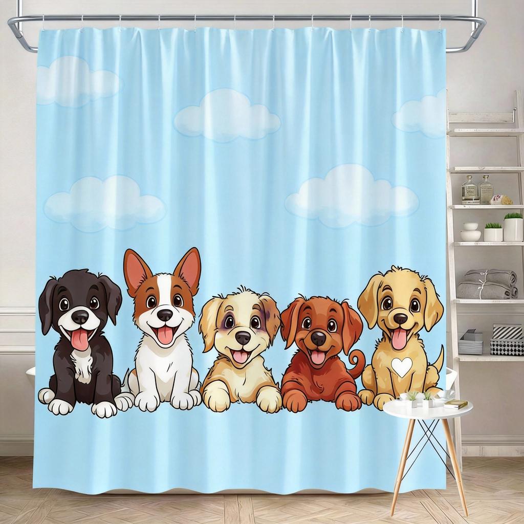 Puppies Shower Curtain 180x180cm – Cute Dogs with Expressive Eyes, Dog Lover Bathroom Decor, 12 Hooks