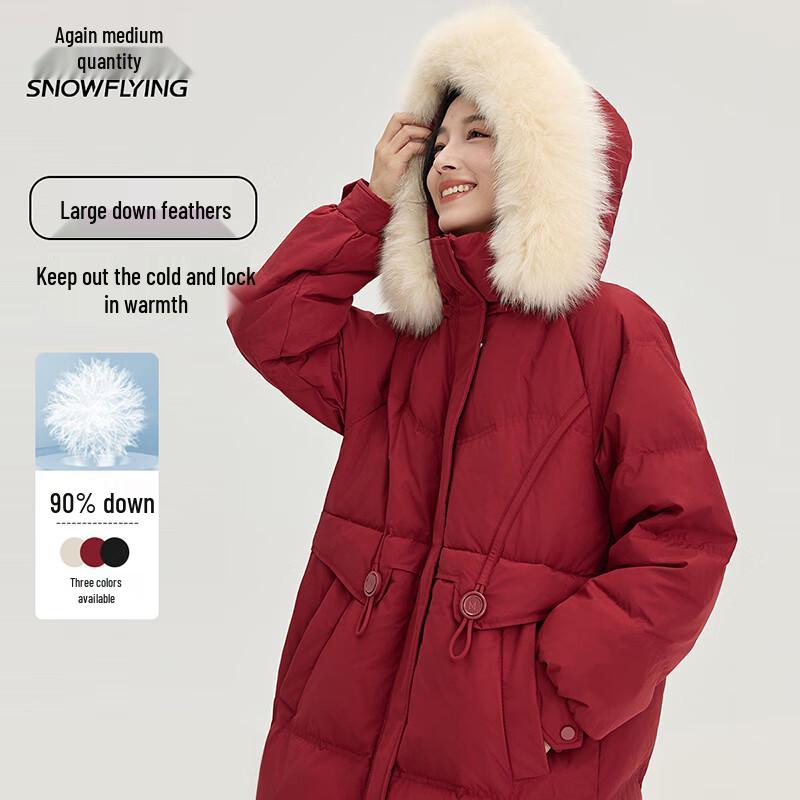 Damen-Winter-Daunenjacke in mittlerer Länge mit abnehmbarer Kapuze mit Fellbesatz