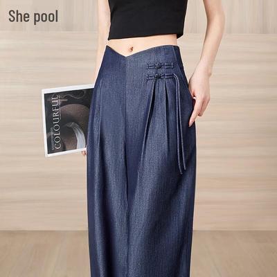 Tachi Damen Hose im neuen chinesischen Stil mit hoher Taille und weitem Bein