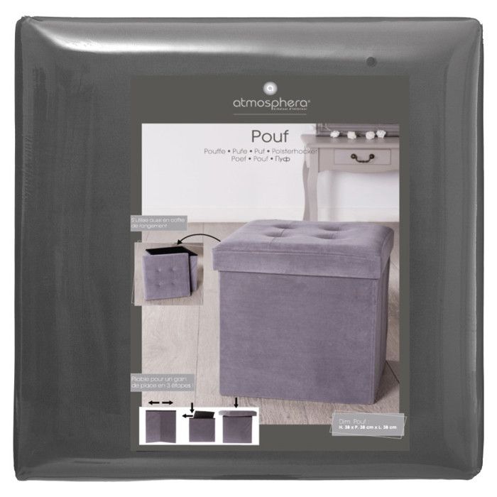 Pouf coffre pliable capitonne "Lysandre" Atmosphera - Gris