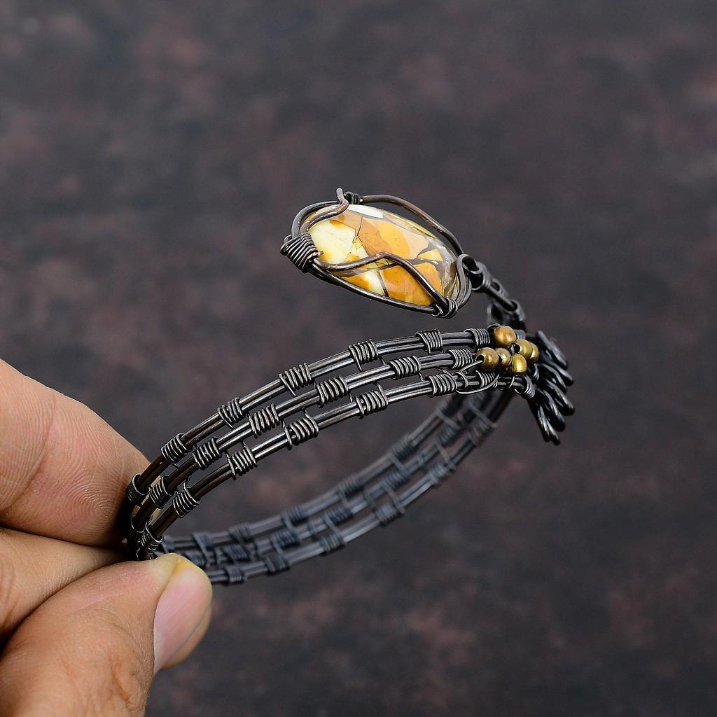 Brecciated Mookaite Gemstone Bangle Copper Wire Wrapped Cuff Bracelet Handmade Jewelry Adjustable Cuff Copper Wire Jewelry Gift For Friend