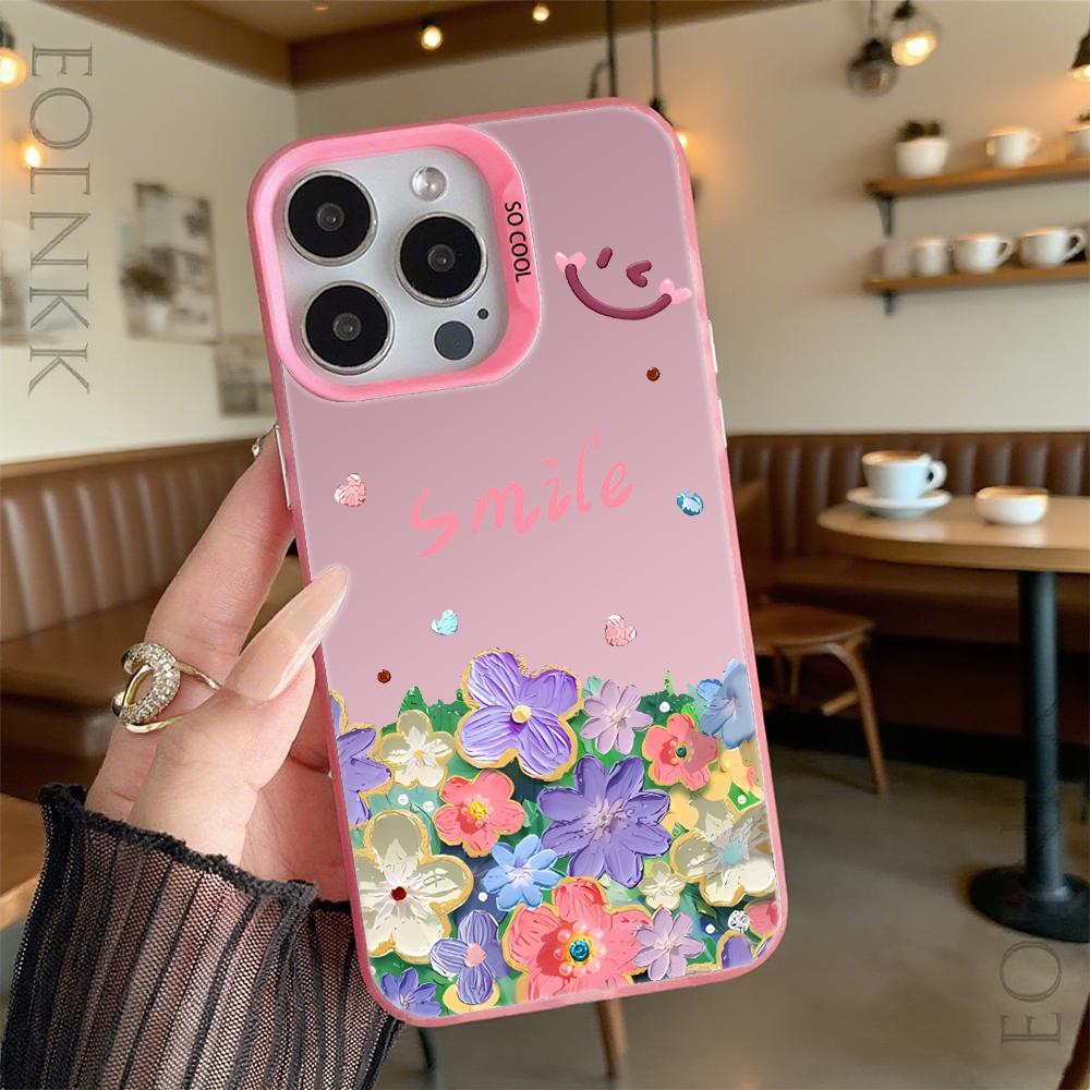 Smile with Colorful Flowers Hard Phone Case for Iphone 16 15 14 13 12 11 Pro Max Mini Shockproof Anti-Scratch Protective Cover