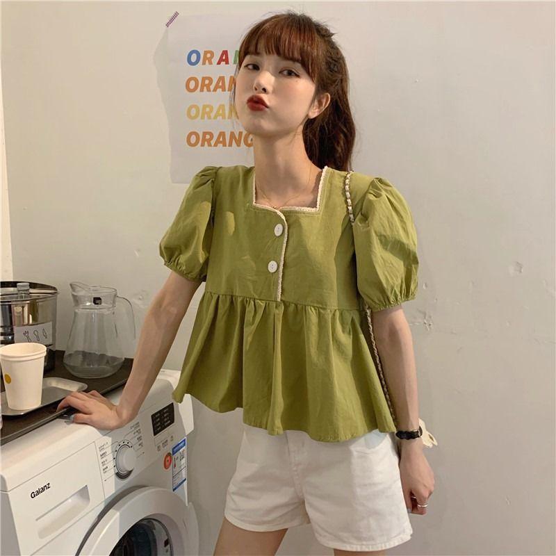 Short-sleeved for Women Loose 2025 Summer New Korean Style Design Sense Doll Shirt Puff Sleeve Square Collar Shirt Short Top