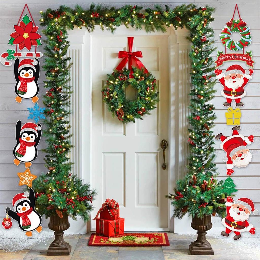 Festive Christmas Door Hanger Decorations with Santa Claus and Penguin Design - Vertical Hanging Paper Banner for Indoor and