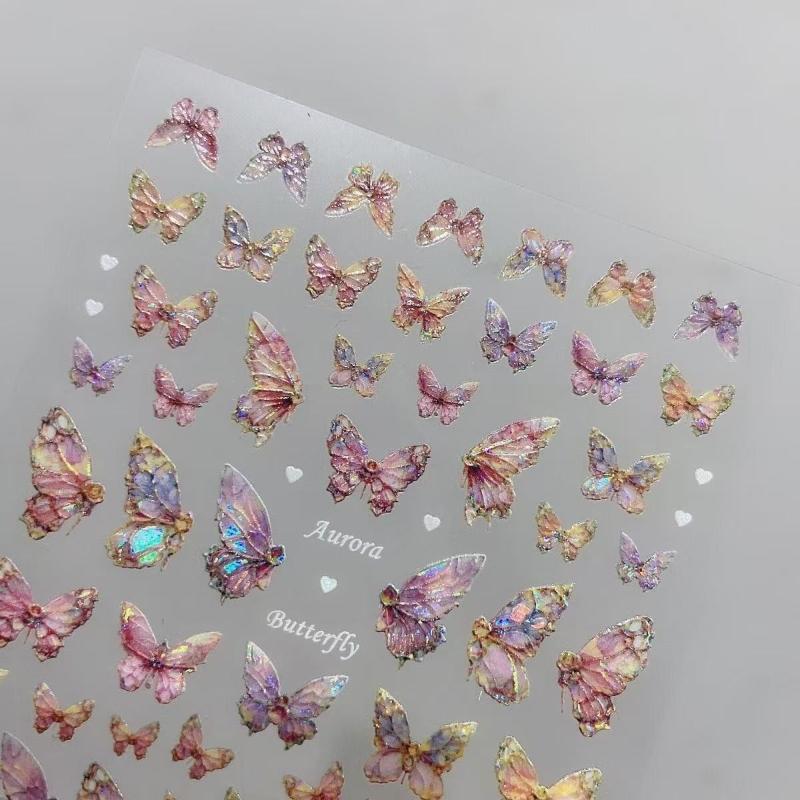 2Pcs Kawaii Butterfly Nail Stickers Luxury Glitter Shell Aurora Nail Artdecorations Decals Diy Manicure Slider Foil