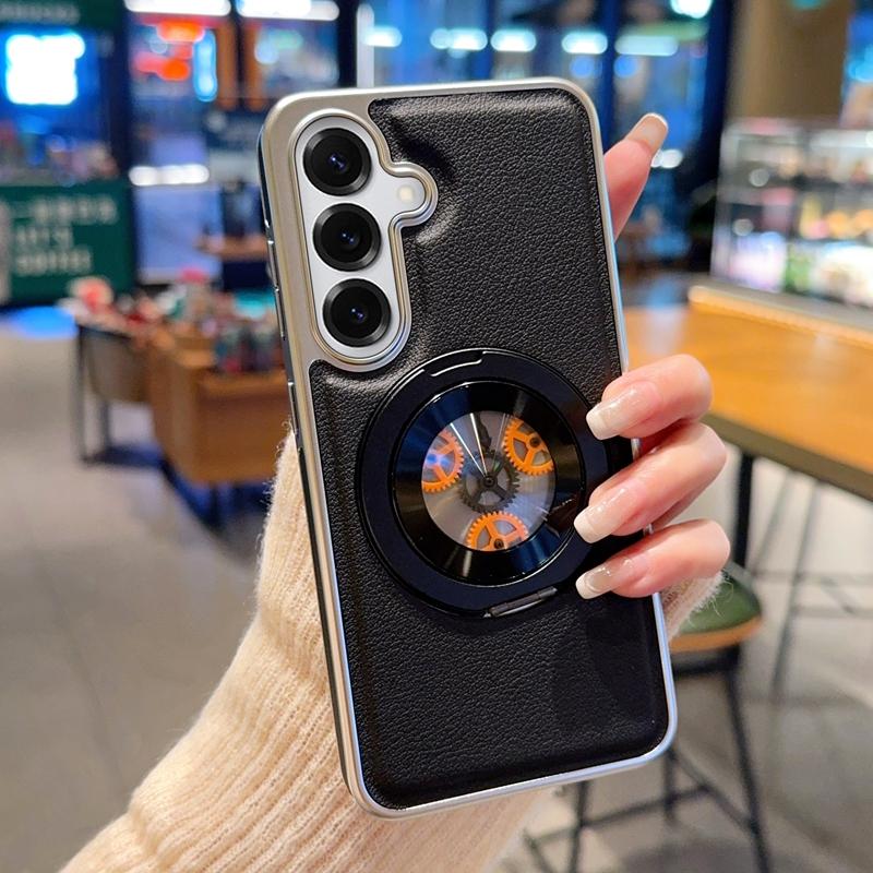 

For Samsung Galaxy S25 S24 Plus Ultra Case Gear Pattern Magnetic 360° Rotation Metal Stand TPU Edge Leather Covered Shell Cover Artificial leather&Galaxy S23 Ultra