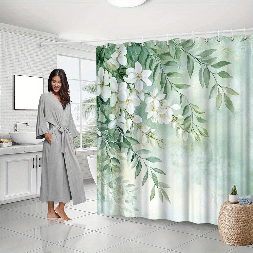 White Flowers & Green Leaves Curtain, Watercolor Design, Soft Yellow Centers, Fade-Resistant, Machine Washable,Bath Decor