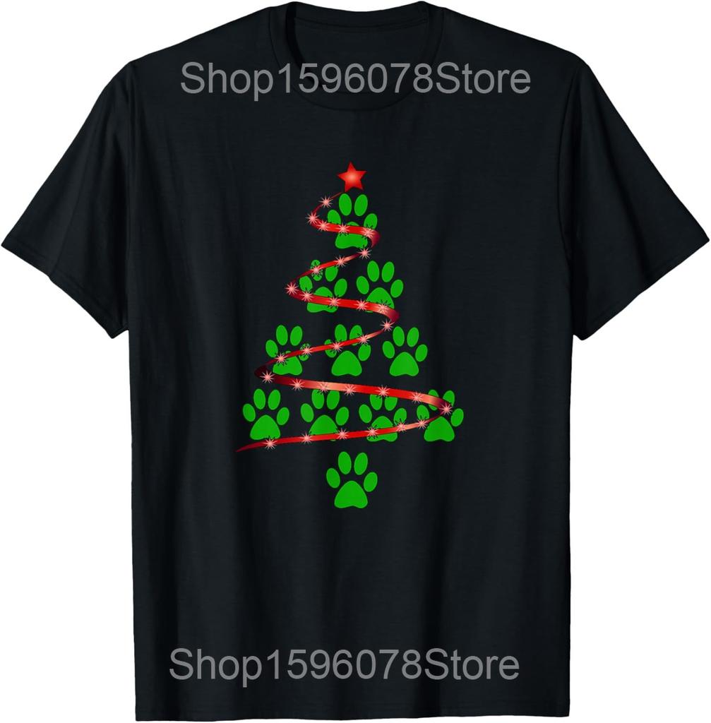 Dog Paws Print Christmas Tree Lights Dog Lover T Shirts Men Cotton Humor Streetwear Tee Shirt Short Sleeve Unisex Loose Clothing
