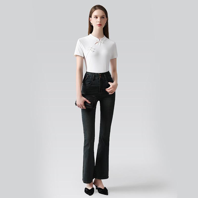 Top cu guler cheongsam cu plăcuță înclinată în stil chinezesc Nou îmbrăcăminte nouă pentru femei, tricou cu mânecă scurtă cu guler în picioare în stil chinezesc pentru femei