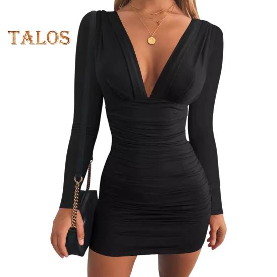 

Женское платье осень-весна, плиссированное, с глубоким вырезом, V-образным вырезом, облегающее, однотонное, с длинными рукавами, эластичное, для клубной вечеринки, мини-платье M чёрный