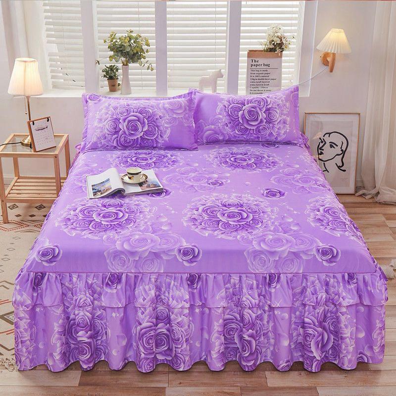 3PC Printed Bed Skirt Set 1Bed Skirt+2Pillowcases Floral Lace Bed Skirt Breathable Soft Bed Cover Bedding Set 360 ° Anti Slip Mattress Protector Cover