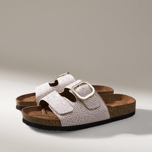 

Женские сандалии 2025 года с металлической пряжкой со стразами, с двойными ремешками и накладками, удобная повседневная обувь 35