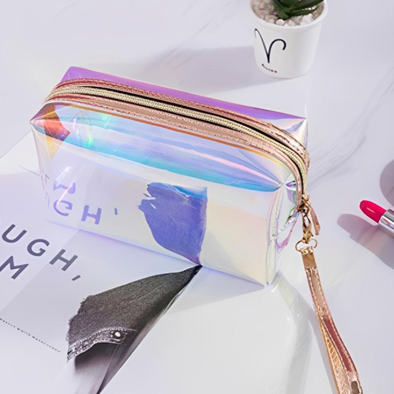 Borsa Trasparente Impermeabile in PVC per Cosmetici, Necessaire, Organizer per Trucco, Colore Laser, Cerniera, Lavabile, Beauty Case