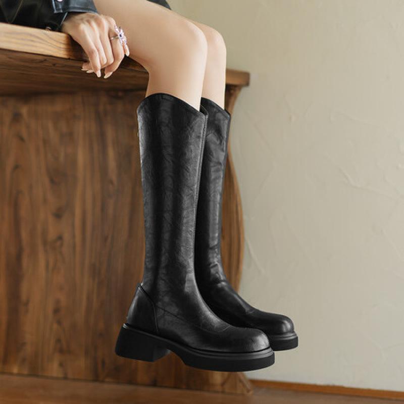 Autumn and Winter Women's High Boots Rubber Sole Medium Heel Large Size Women's Shoes Square Heel Korean Version Square Head Women's Boots New Ma