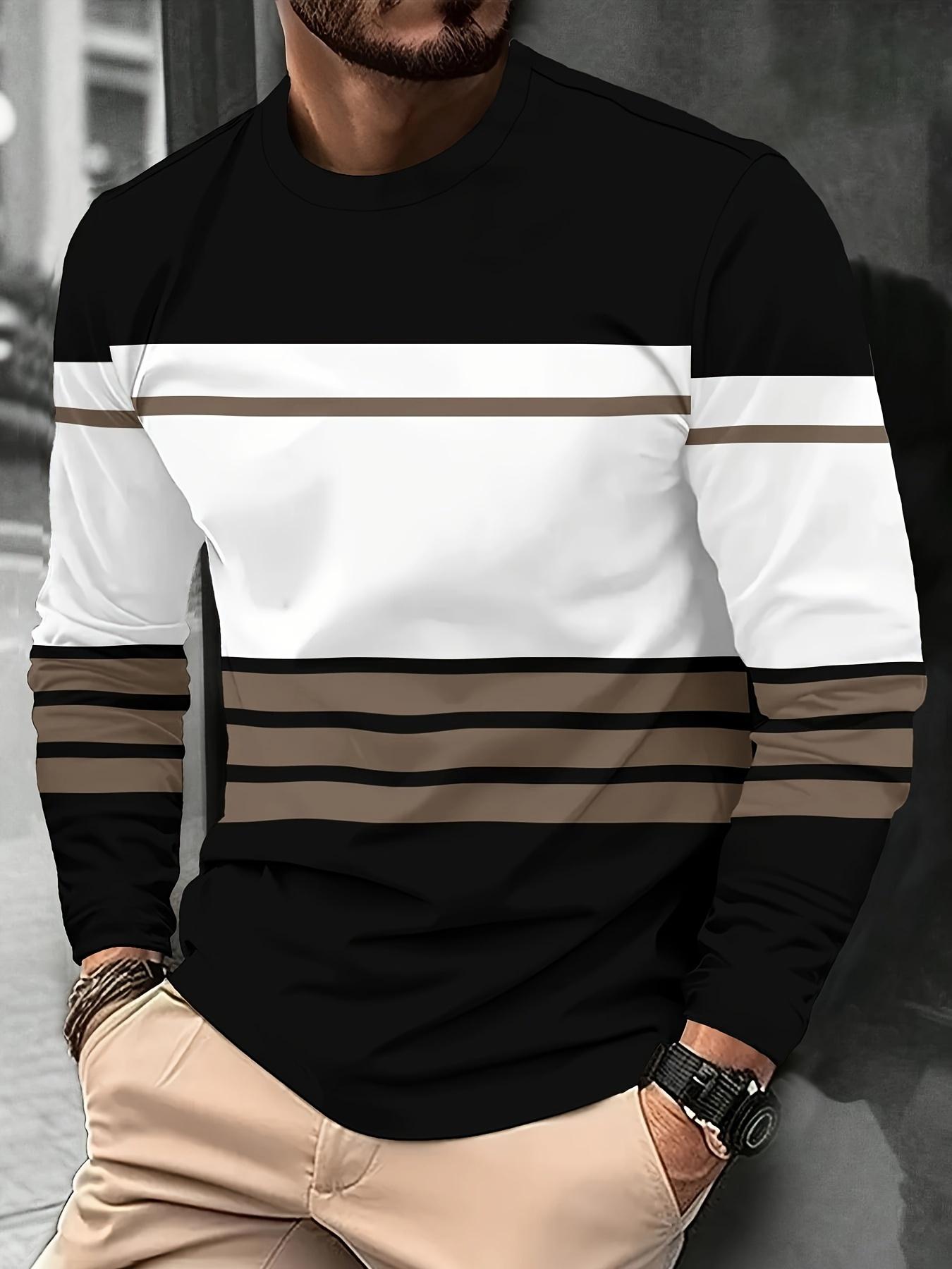 Men s casual sports long-sleeved T-shirt black and white striped printed round-neck youth sportswear men s business T-shirt 6XL