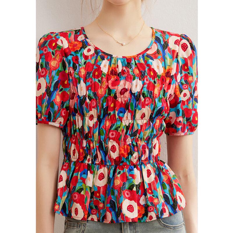 Bailuyu Elegant Floral Print Puff Sleeve Shirt