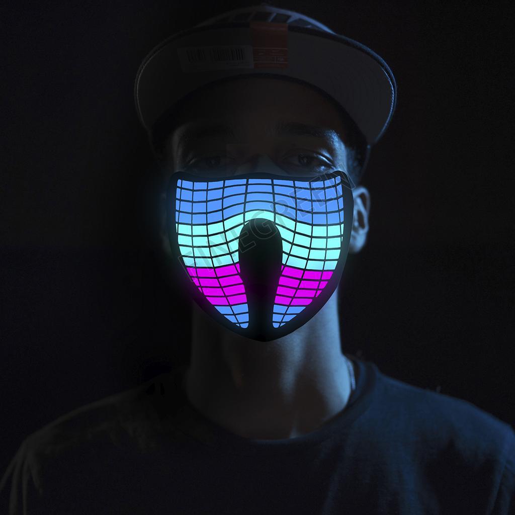 Novinka LED maska na párty aktivovaná zvukem, hlasová, svítící, s EL panelem na obličej, Halloweenská, maškarní, cosplay maska