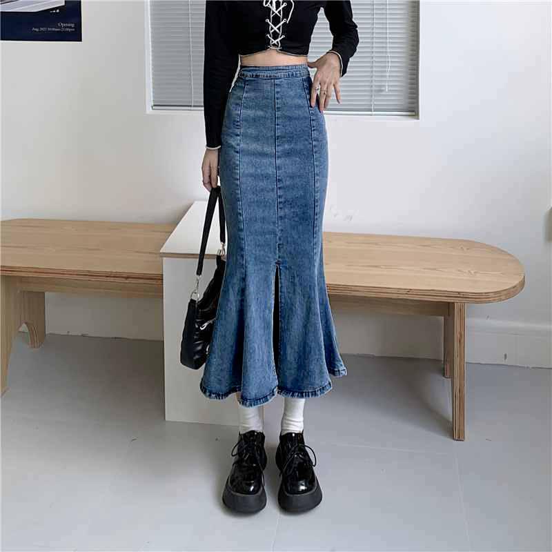 Černá Otevřená Volánková Sukně Poloviční Délky Dámská S Vysokým Pasem Elastická Slim Balíček Boky Rybí Ocas Střední Délky Všestranná Pohodlná Módní Džínová Bustier Sukně