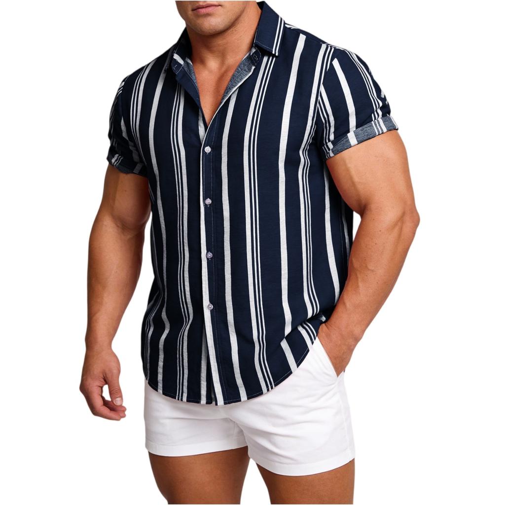 Men's Casual Short Sleeve Button Down Shirt Lightweight Breathable Striped Polo Collar Shirt Suitable for Vacation and Sports Wear