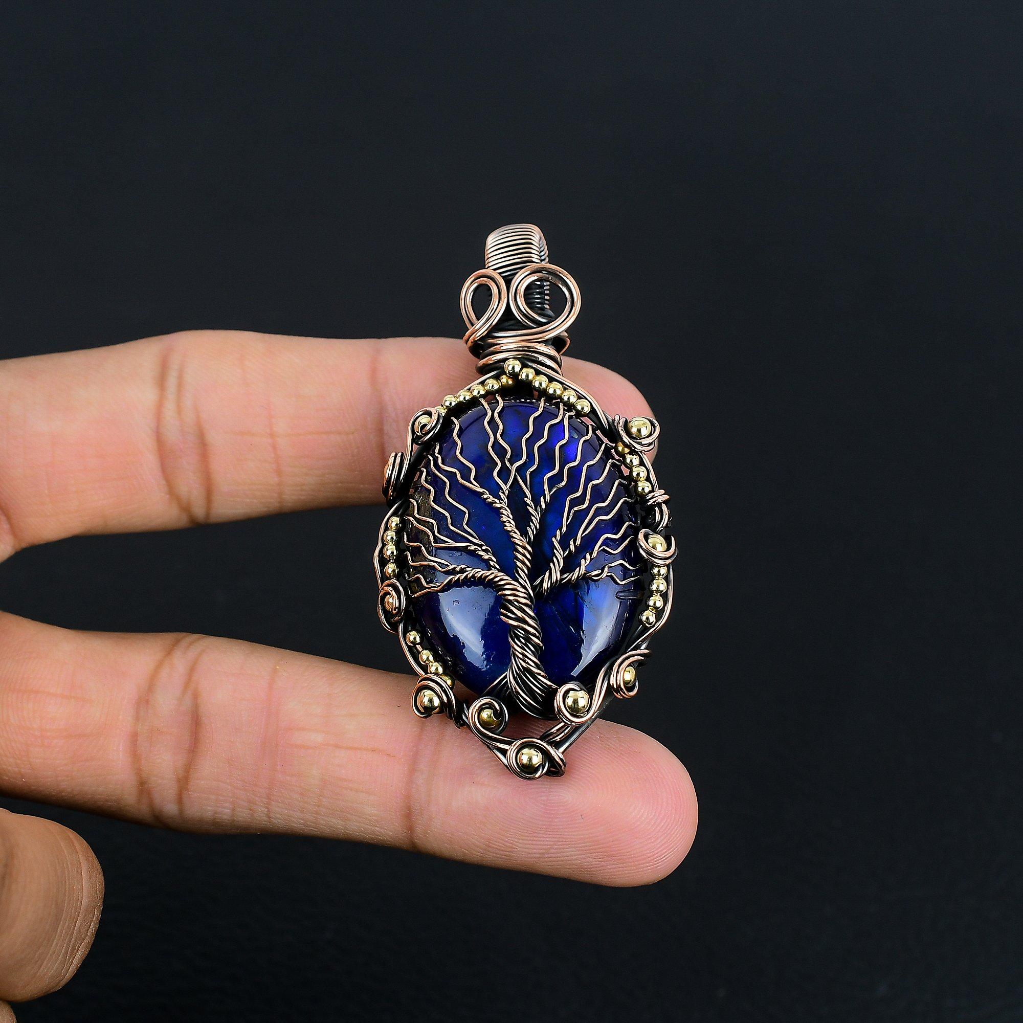 

Подвеска ручной работы из лабрадорита с голубым отблеском, украшения из натуральных драгоценных камней, подвеска, обернутая медной проволокой 999 пробы, для подарка 2.55 Inches