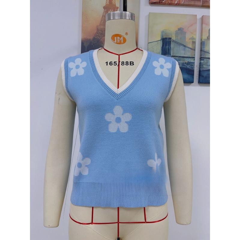 Women's Summer Print V Neck Sleeveless Knitted Flower Pullover Knitted Top