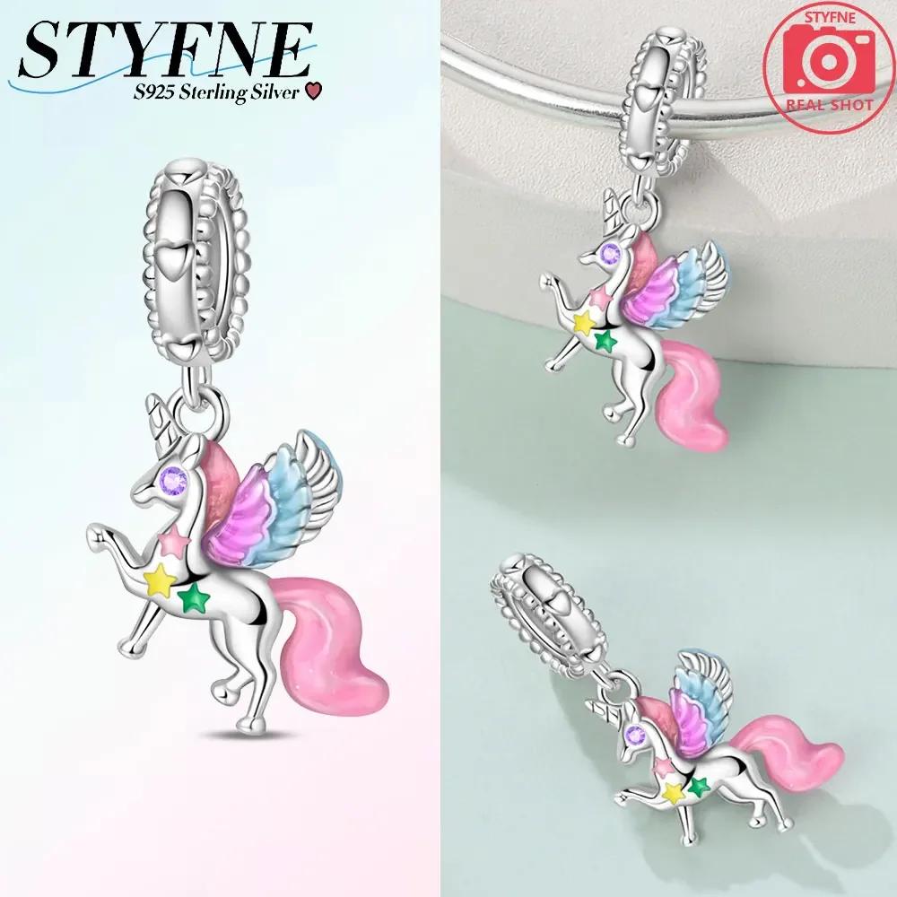 Exquisite Pink Color Charms Beads Copper Cute Girl Wonderland Unicorn Colour Heart Shape Pendant Fit Bangle Bracelet Jewelry