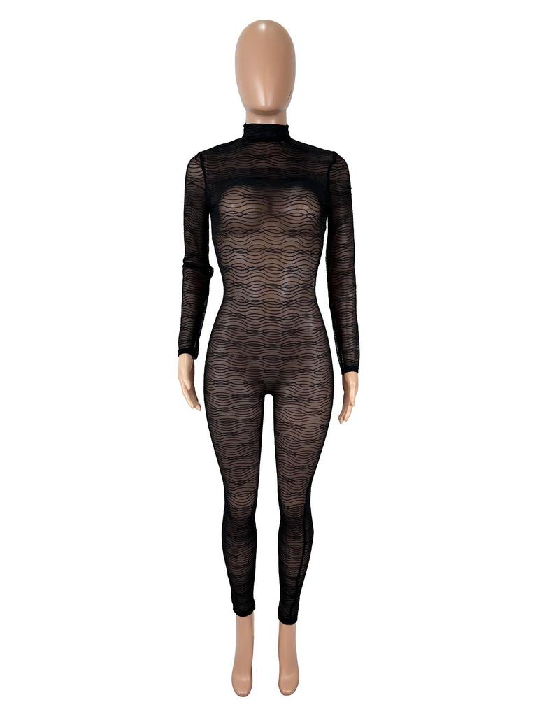 Women's Spicy See-Through Mesh Backless Jumpsuit with Long Sleeves