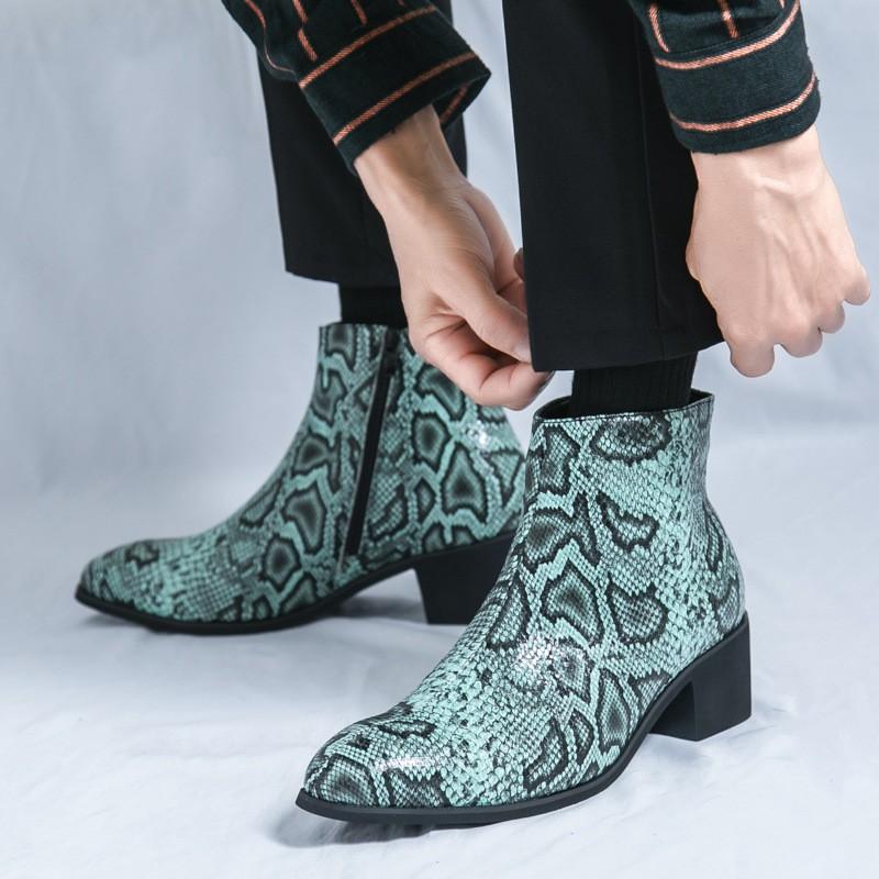 MensBritish StyleBritish Style Mens Snake Print High Top Leather Boots Side Zip Pointed Toe Platform Dress Shoes Sizes