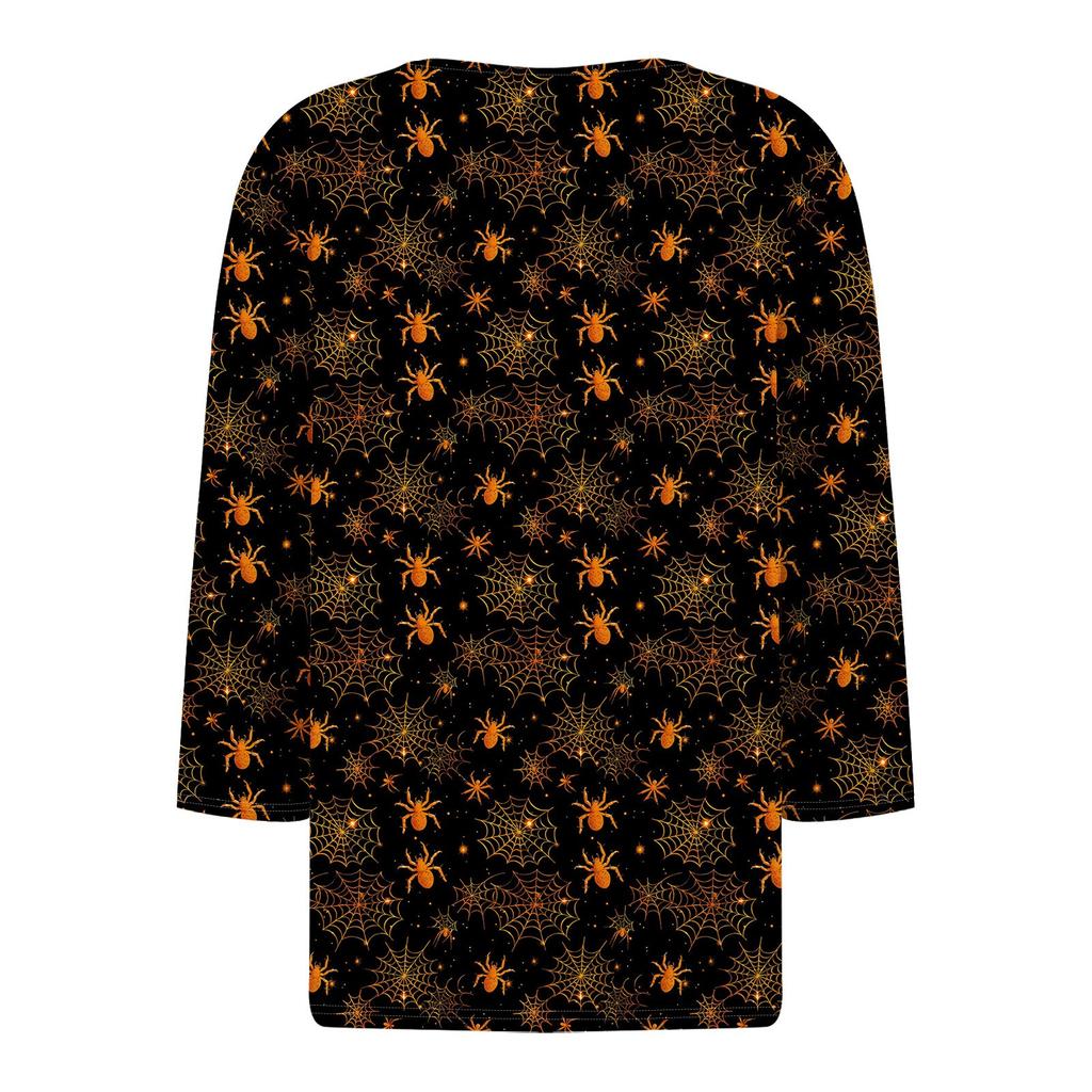 Women's Fashion Casual Halloween Printed V.Neck Short Sleeve Decorative Button Three.quarter Sleeve T-shirt Tor