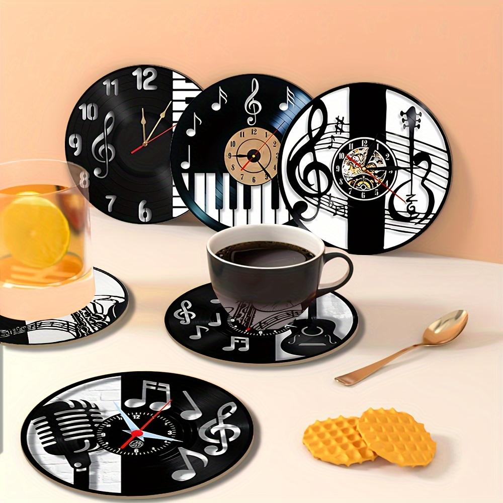 Set of 6 2D Musical Clock Wooden Coasters Non-Slip Heat ResistantTableRunner Home Office Cafe Bar Kitchen Restaurant Decoration