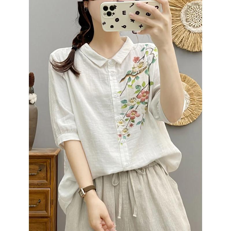 Summer Yarn Half Sleeve Shirts Lapel Embroidery Commute Girl Casual Sweet Loose OL Blouse Autumn