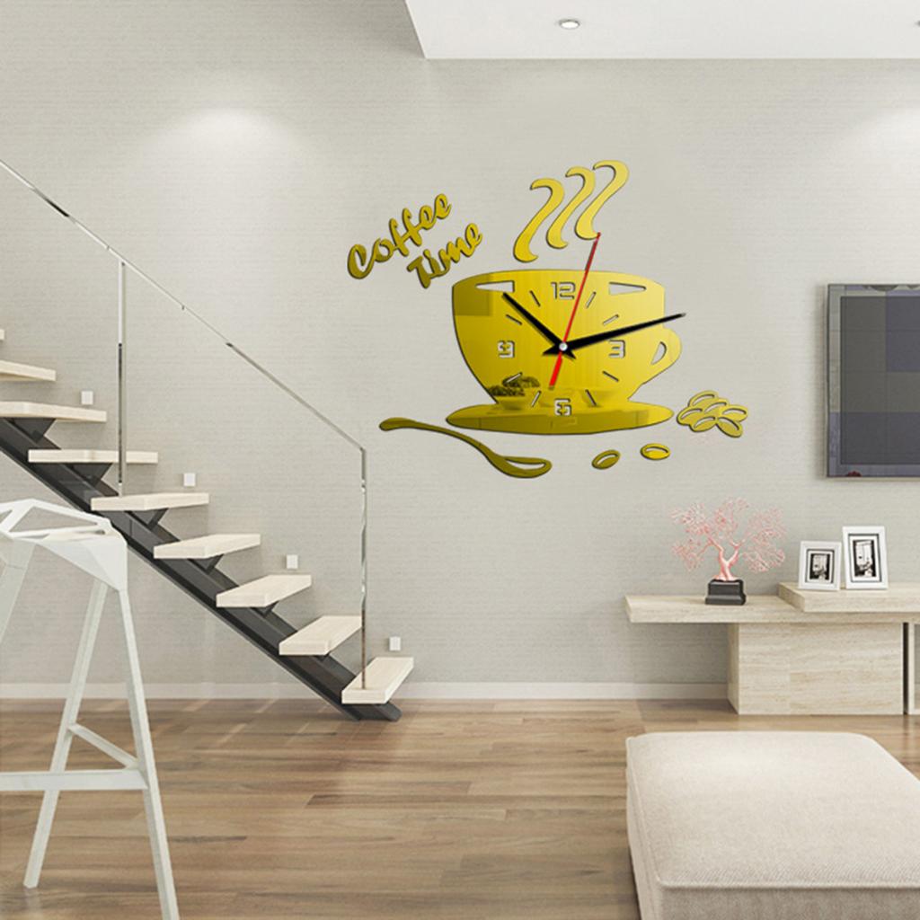 DIY Acrylic Mirror Wall Clock Coffee Cup Design Silent Home Decor