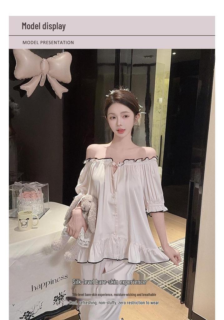 Ice Silk French Sweetheart Pajama Set - Short Sleeve, One-Shoulder, Women's Summer Loungewear