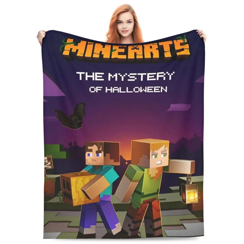 Cartoon Mines Pixel Game Crafts Flannel Blanket Super Warm Throw Blanket for Home Decor Decorative Street Trend Bedspread