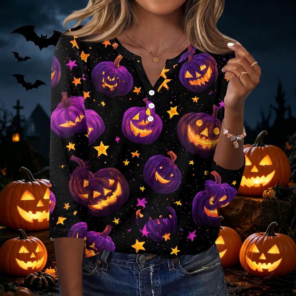 Women's Casual Halloween Print V Neck Button Front Three Quarter Sleeve T Shirt Top Lightweight Soft Fabric Comfortable Fit