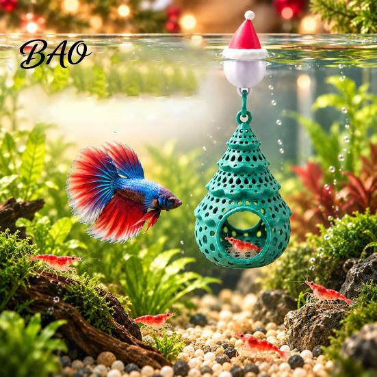 Festive Underwater Landscape Decor Christmas Tree Aquarium Floating Hideout Ornament, Fish Shrimp Cave Shelter with Ornament for Holiday Season Santa