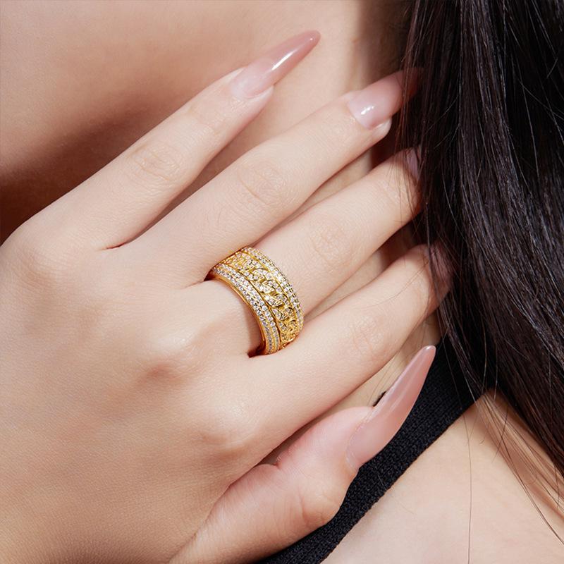 European Hip Hop Sterling Silver Men's Moissanite Rotatable Ring, Gold-Plated Trendsetter Fashion.