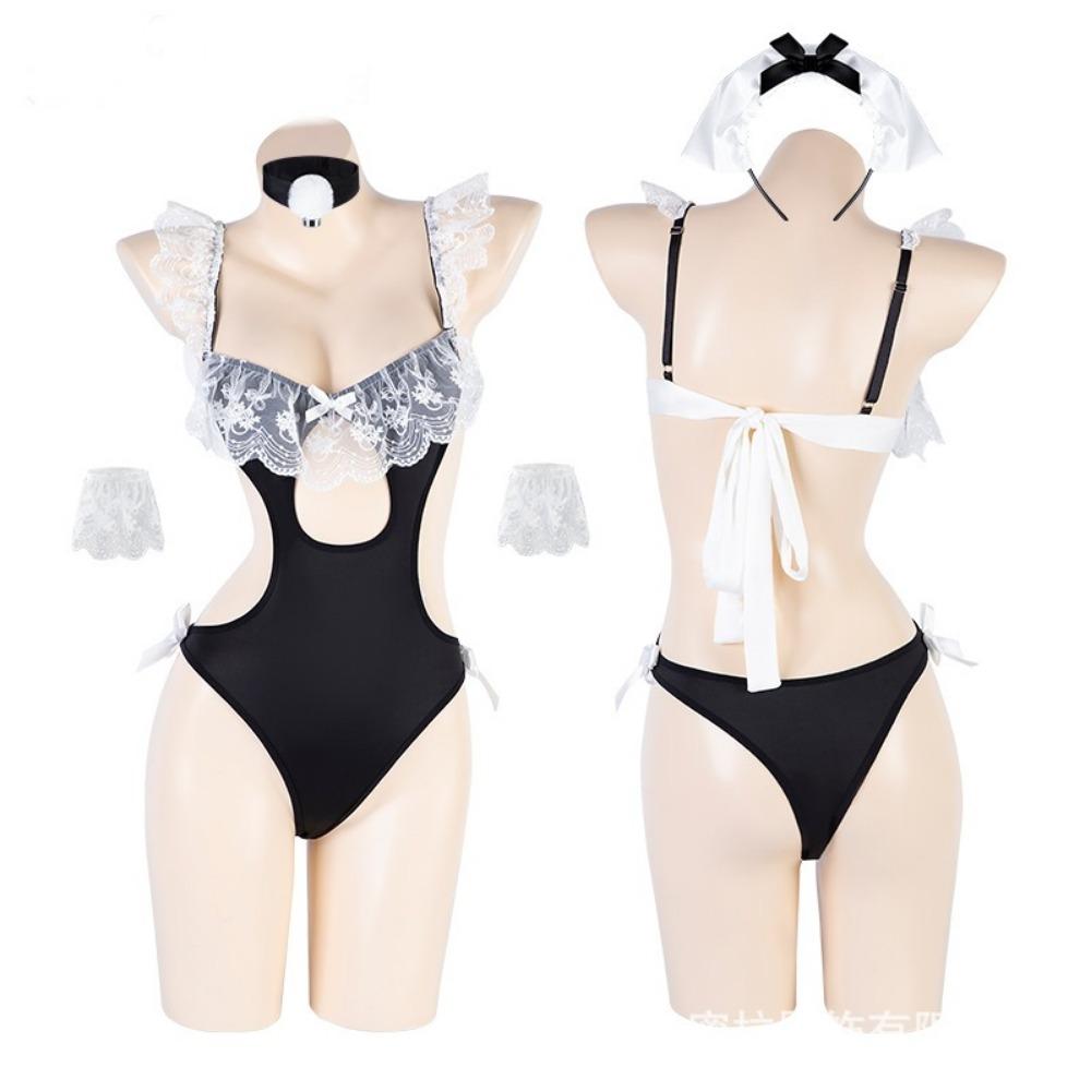 Domila Sexy Lingerie Sexy Suspender Lace Hidden Button Onesie Maid Uniform Suit
