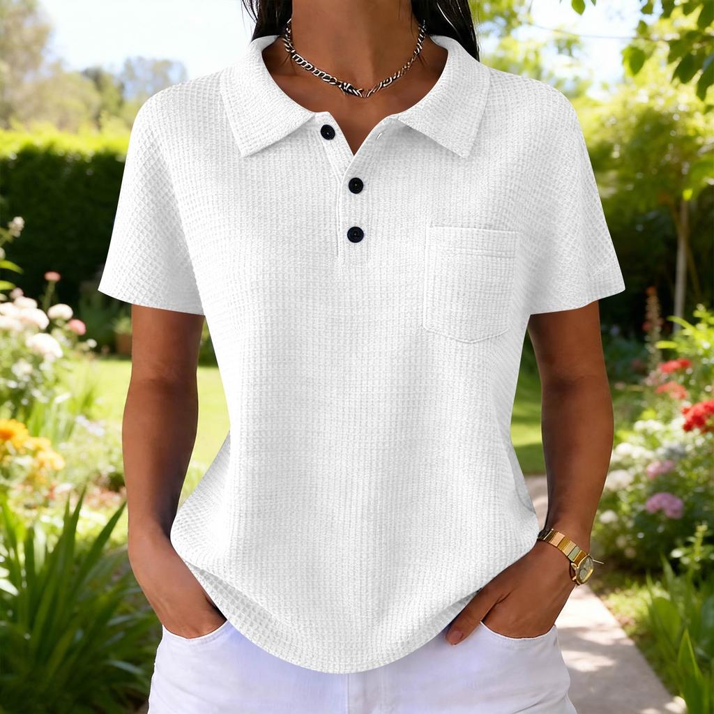 Women's Fashion Color T-Shirt — Vintage V-Neck, Button-Front, -Knit — Casual Short-Sleeve Top for Daily Commuting (Spring/Summer)