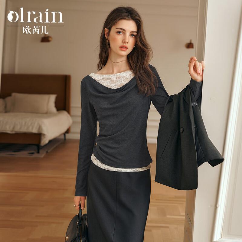 Olrain Women s Lace One-Shoulder Draped Neck Long Sleeve Top M