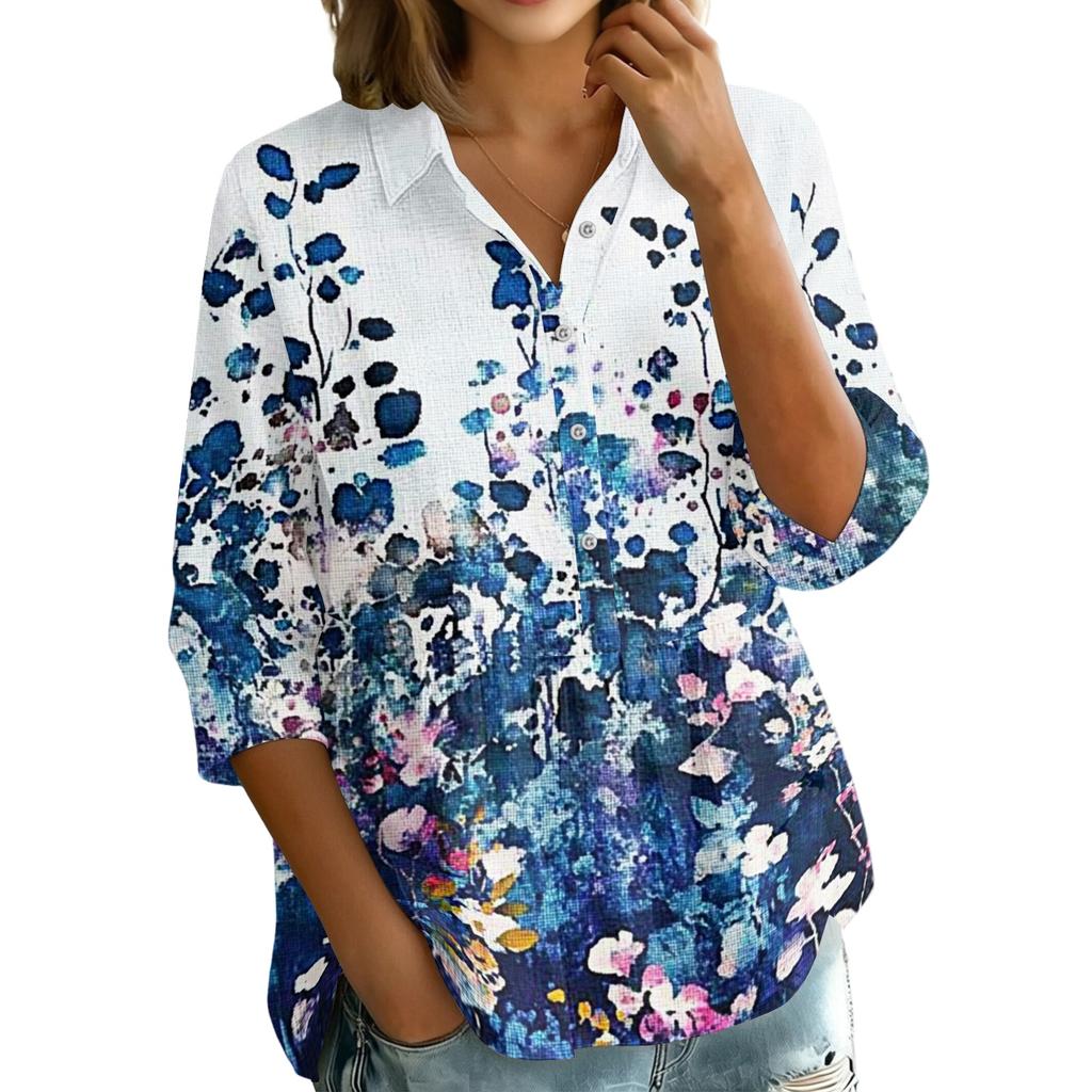 Women's Vintage Floral Print Button Down Blouse, 3/4 Sleeve Relaxed Fit Shirt
